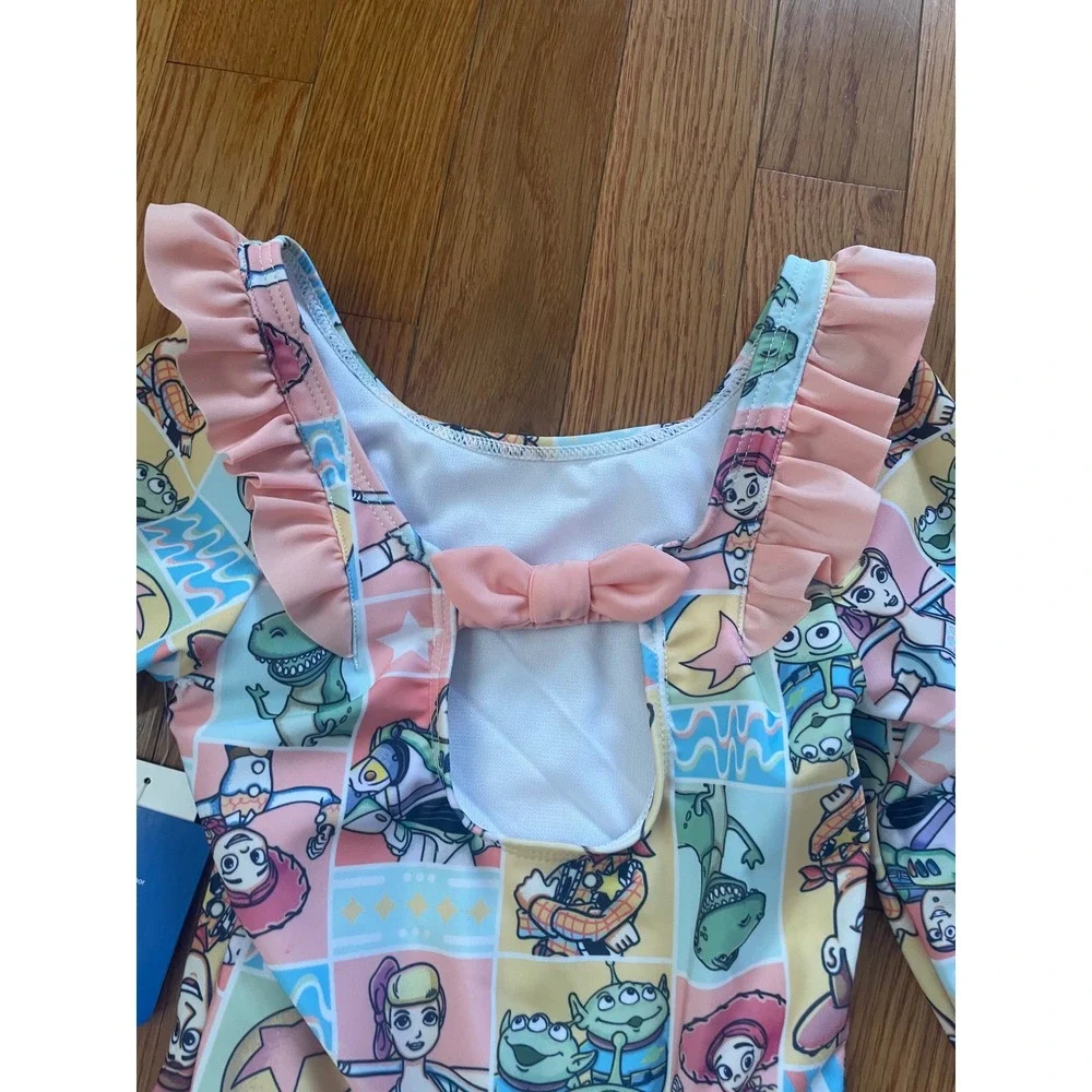 Disney Toy Story Girls Long Sleeve One Piece Swimsuit Pink Ruffle 4T New